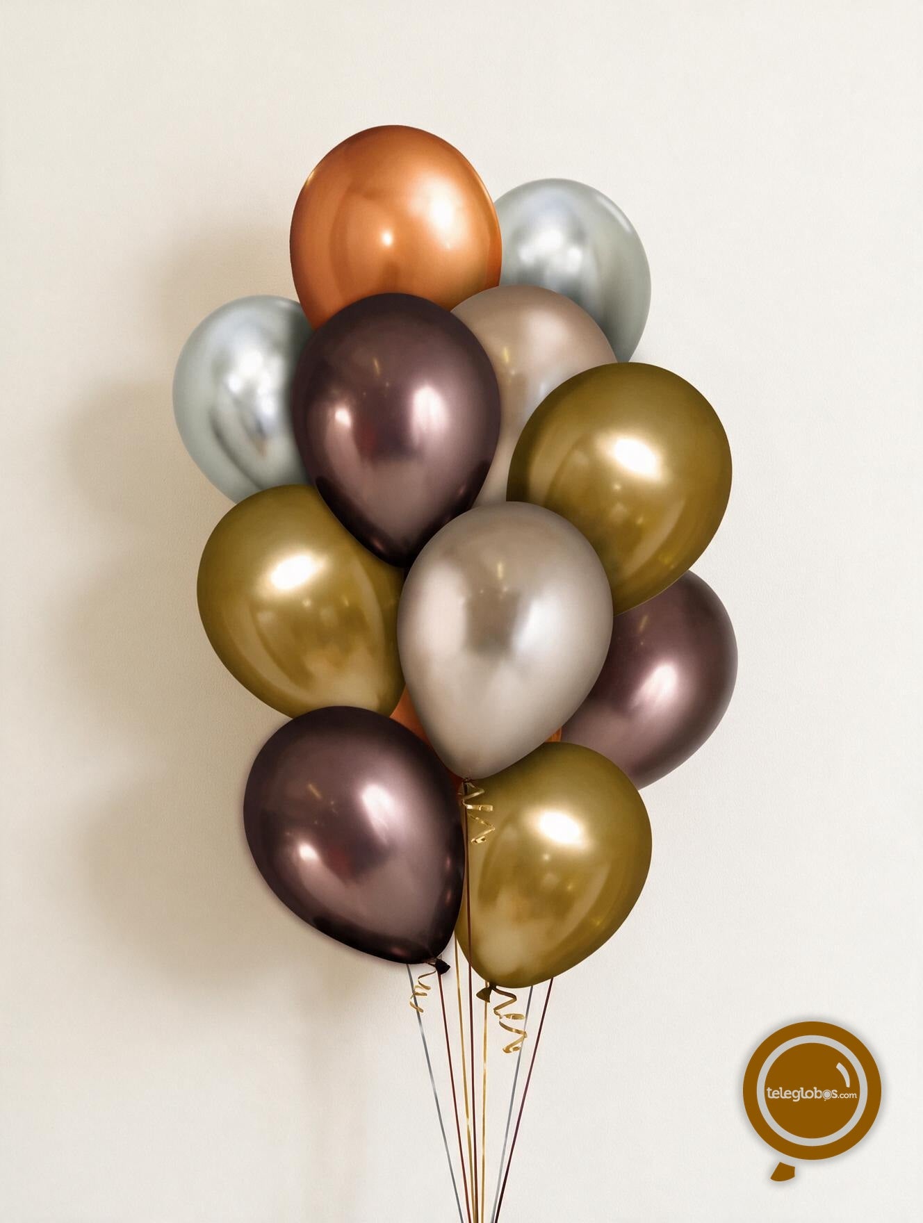 12 Globos de Látex Cromo Inflados con Helio 11 (Plata, Champagne, Trufa, Cobre y Dorado)