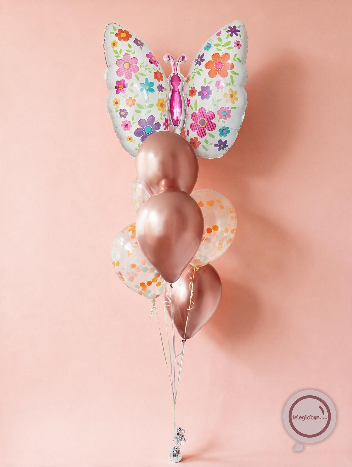 Torre de globos látex Cromo Rose Gold/Confetti y Mariposa