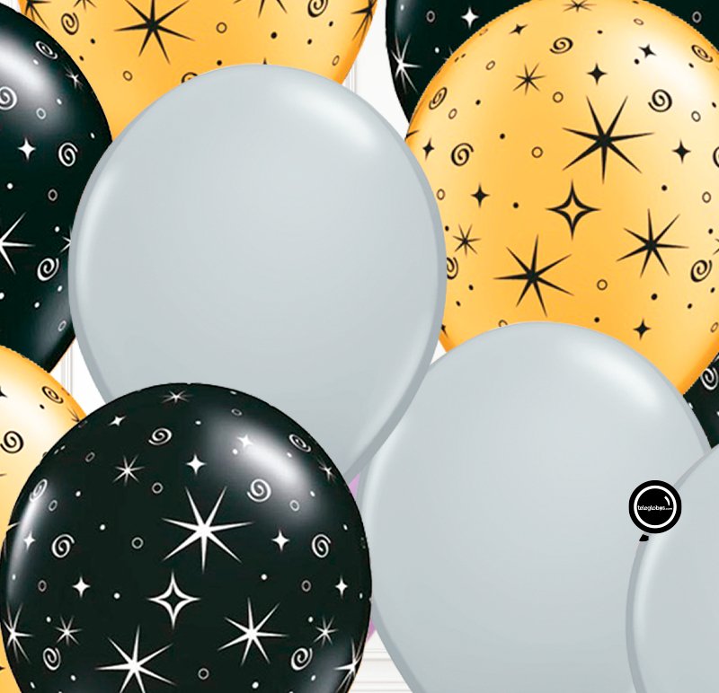 10 Globos Látex con helio -Plata, dorado, negro - Sparks | Globos y Regalos Teleglobos.com.mx.