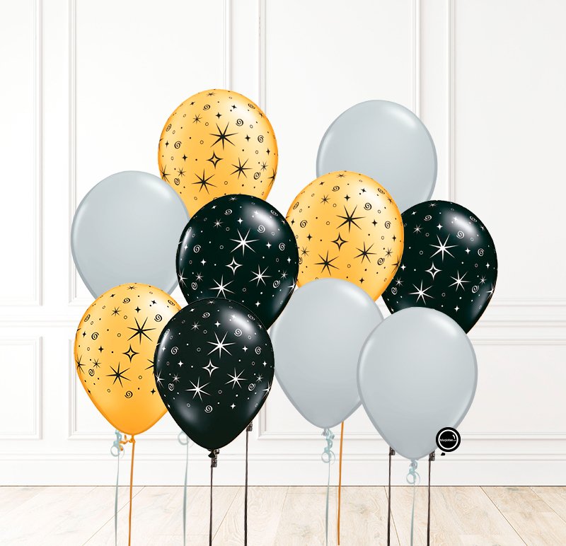 10 Globos Látex con helio -Plata, dorado, negro - Sparks | Globos y Regalos Teleglobos.com.mx.