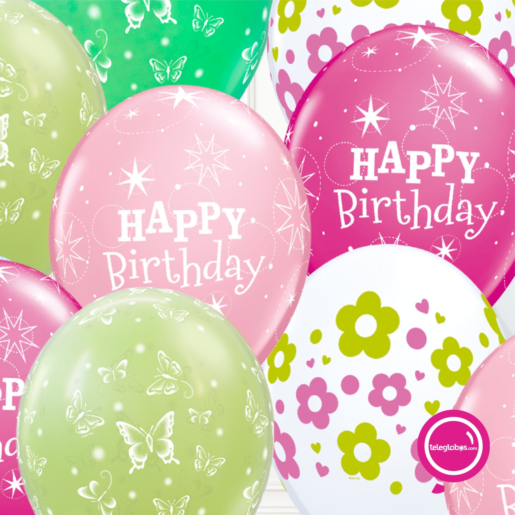 12 globos inflados con helio -Birthday, flores y mariposas- Bio* -RAC012- | Globos y Regalos Teleglobos.com.mx.