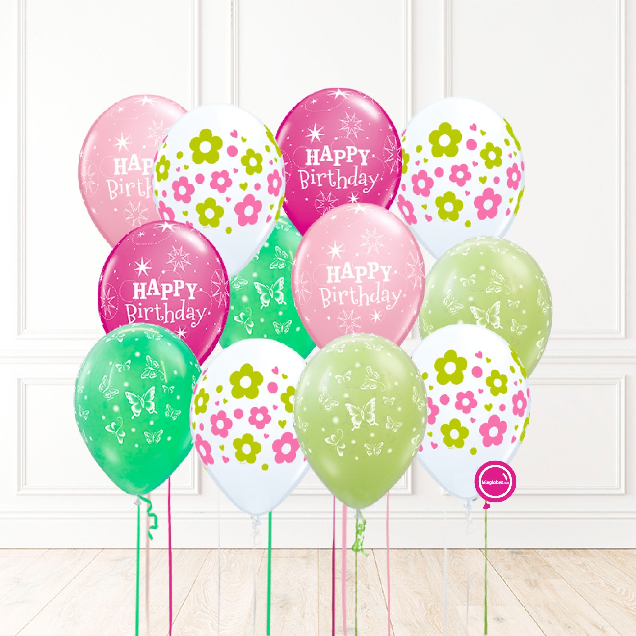 12 globos inflados con helio -Birthday, flores y mariposas- Bio* -RAC012- | Globos y Regalos Teleglobos.com.mx.