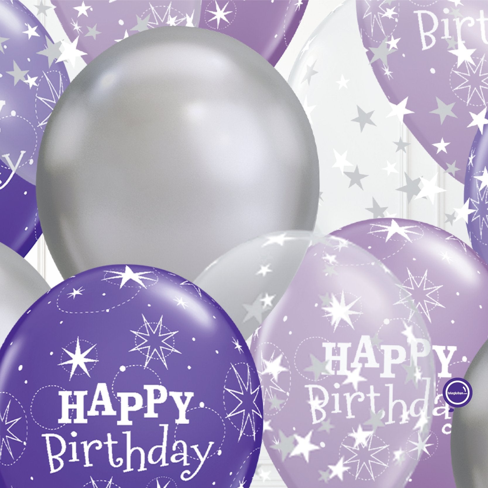 12 globos inflados con helio -Birthday Lila & Cromo- Bio* -RAC003- | Globos y Regalos Teleglobos.com.mx.