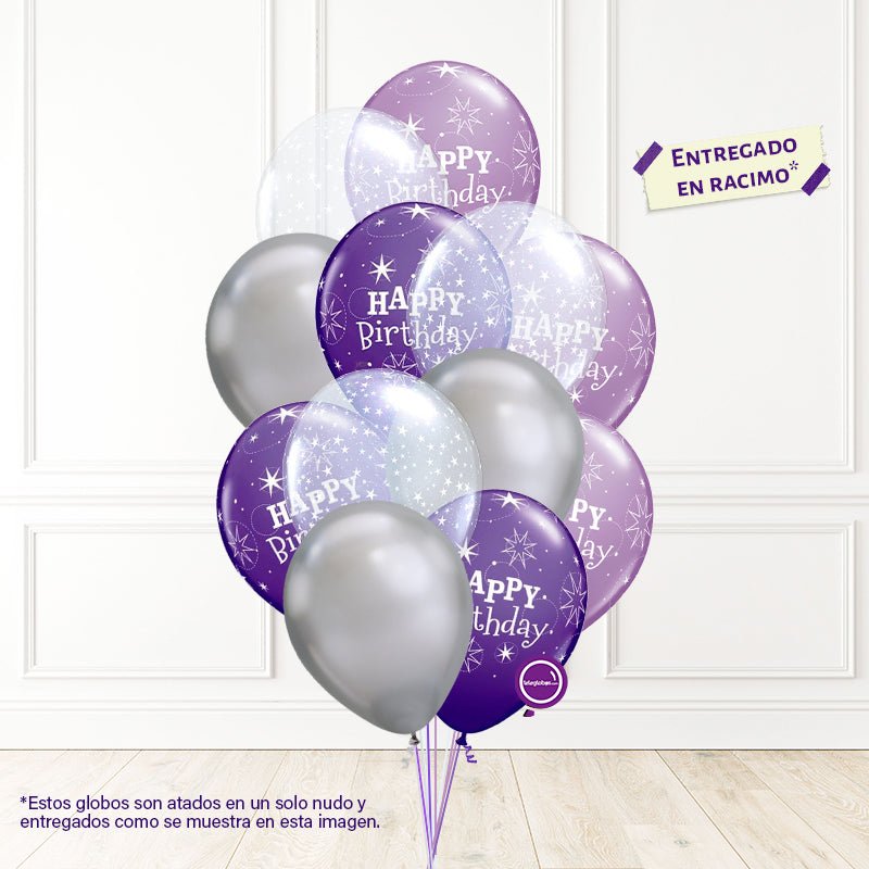 12 globos inflados con helio -Birthday Lila & Cromo- Bio* -RAC033- | Globos y Regalos Teleglobos.com.mx.