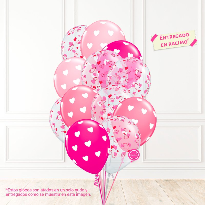 12 globos inflados con helio -Corazones Surtidos Rosados- Bio* -RAC030- | Globos y Regalos Teleglobos.com.mx.
