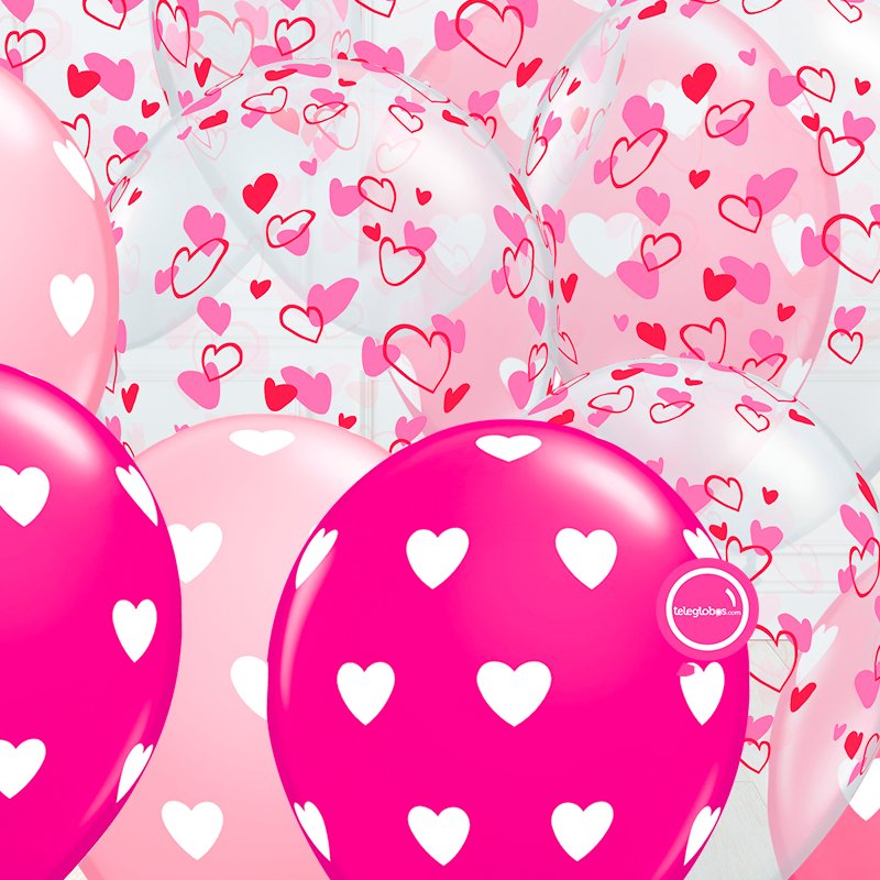 12 globos inflados con helio -Corazones Surtidos Rosados- Bio* -RAC030- | Globos y Regalos Teleglobos.com.mx.