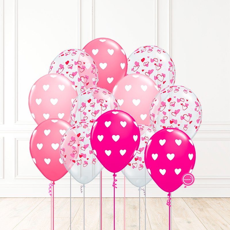12 globos inflados con helio -Corazones Surtidos Rosados- Bio* -RAC030- | Globos y Regalos Teleglobos.com.mx.
