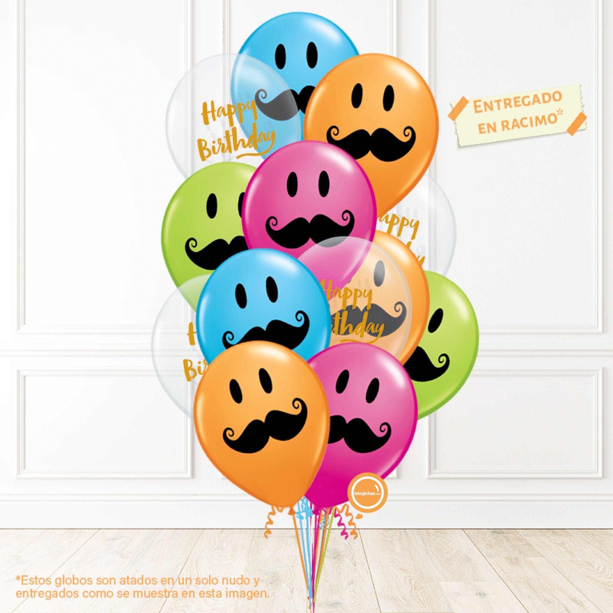 12 globos inflados con helio -Happy Birthday/Bigotes- Bio* -RAC017- | Globos y Regalos Teleglobos.com.mx.