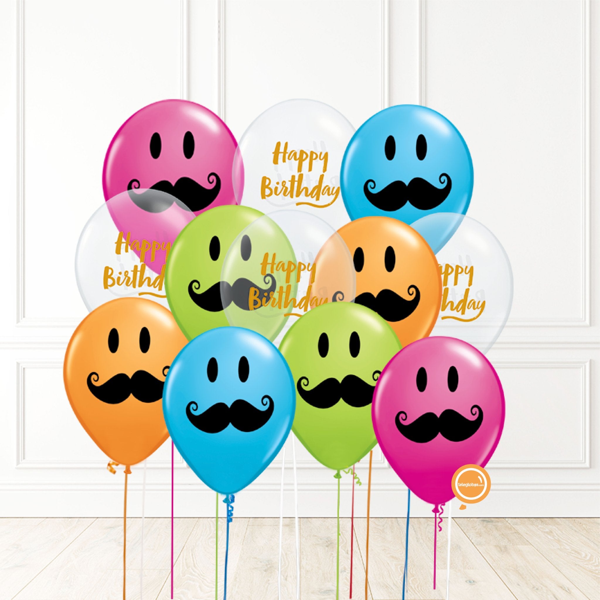 12 globos inflados con helio -Happy Birthday/Bigotes- Bio* -RAC017- | Globos y Regalos Teleglobos.com.mx.