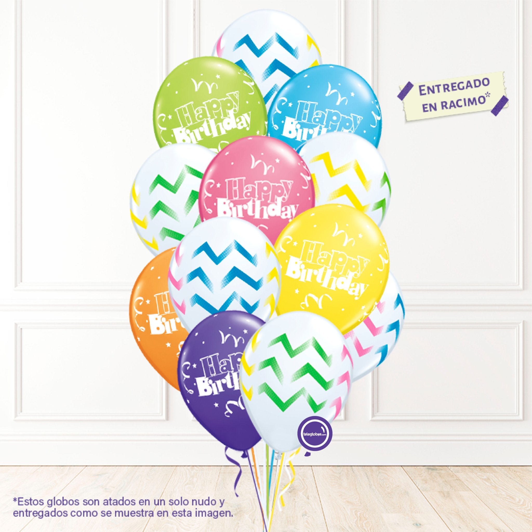 12 globos inflados con helio -Happy Birthday/Rayas- Bio* -RAC020- | Globos y Regalos Teleglobos.com.mx.