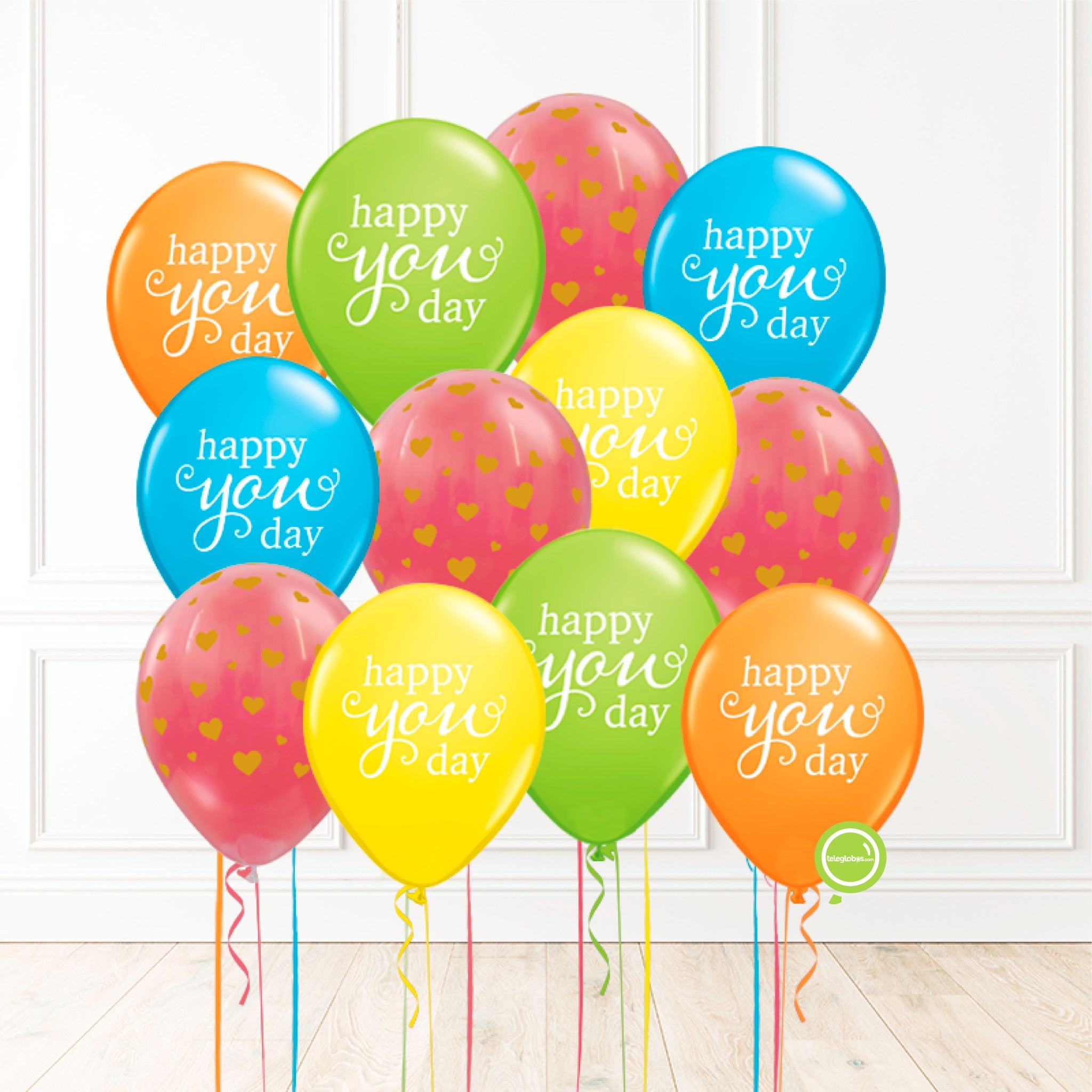 12 globos inflados con helio -Happy You Day/Corazones- Bio* -RAC018- | Globos y Regalos Teleglobos.com.mx.
