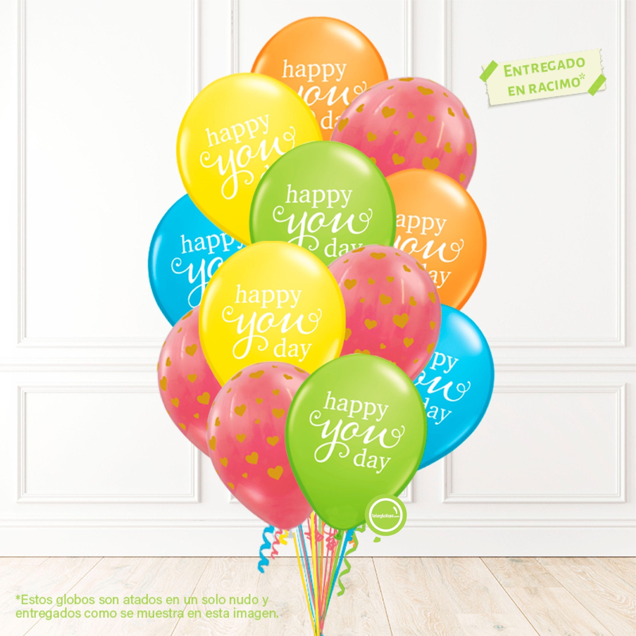 12 globos inflados con helio -Happy You Day/Corazones- Bio* -RAC018- | Globos y Regalos Teleglobos.com.mx.