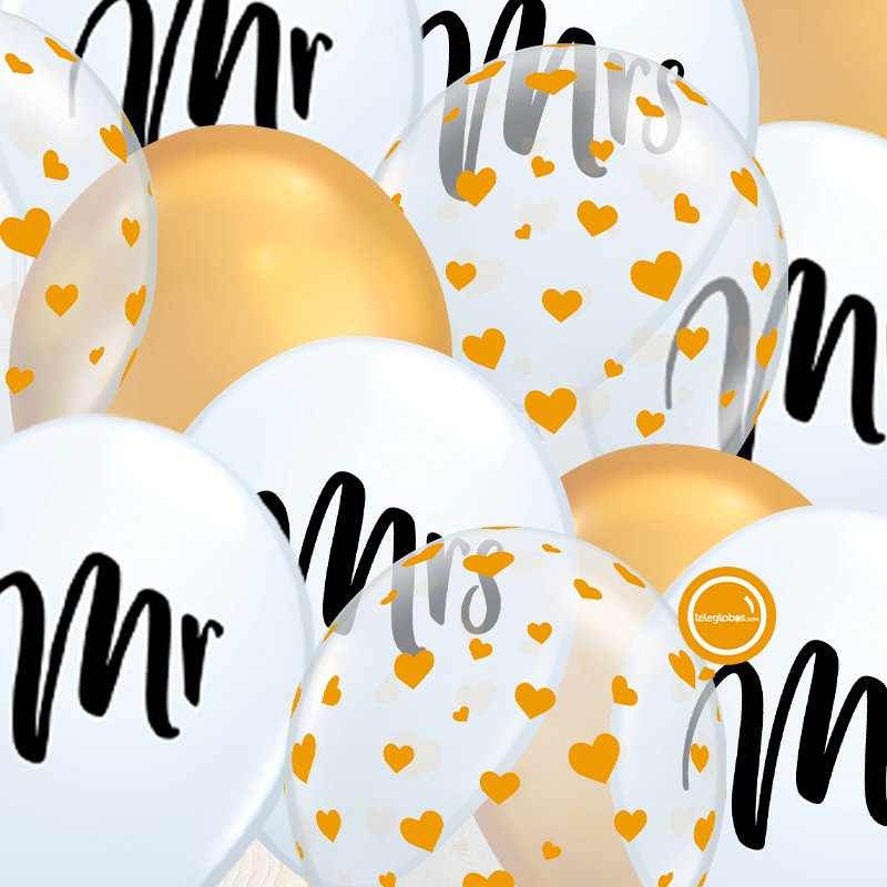 12 globos inflados con helio -Mr & Mrs con Corazones- Bio* -RAC036- | Globos y Regalos Teleglobos.com.mx.