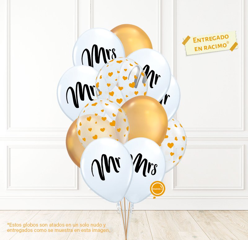 12 globos inflados con helio -Mr & Mrs con Corazones- Bio* -RAC036- | Globos y Regalos Teleglobos.com.mx.