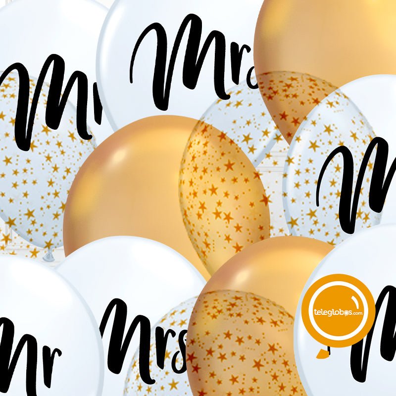 12 globos inflados con helio -Mr & Mrs con Estrellas- Bio* -RAC037- | Globos y Regalos Teleglobos.com.mx.