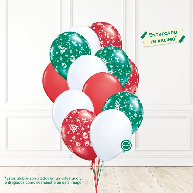 12 globos inflados con helio -Navidad Pinos y Copos II- Bio* -RACNAV02- | Globos y Regalos Teleglobos.com.mx.