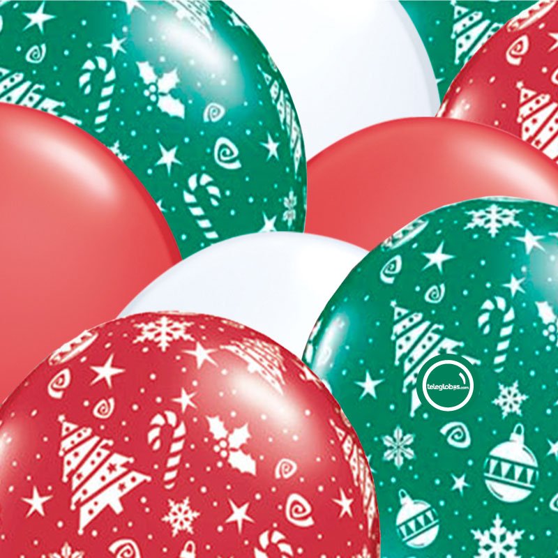 12 globos inflados con helio -Navidad Pinos y Copos II- Bio* -RACNAV02- | Globos y Regalos Teleglobos.com.mx.