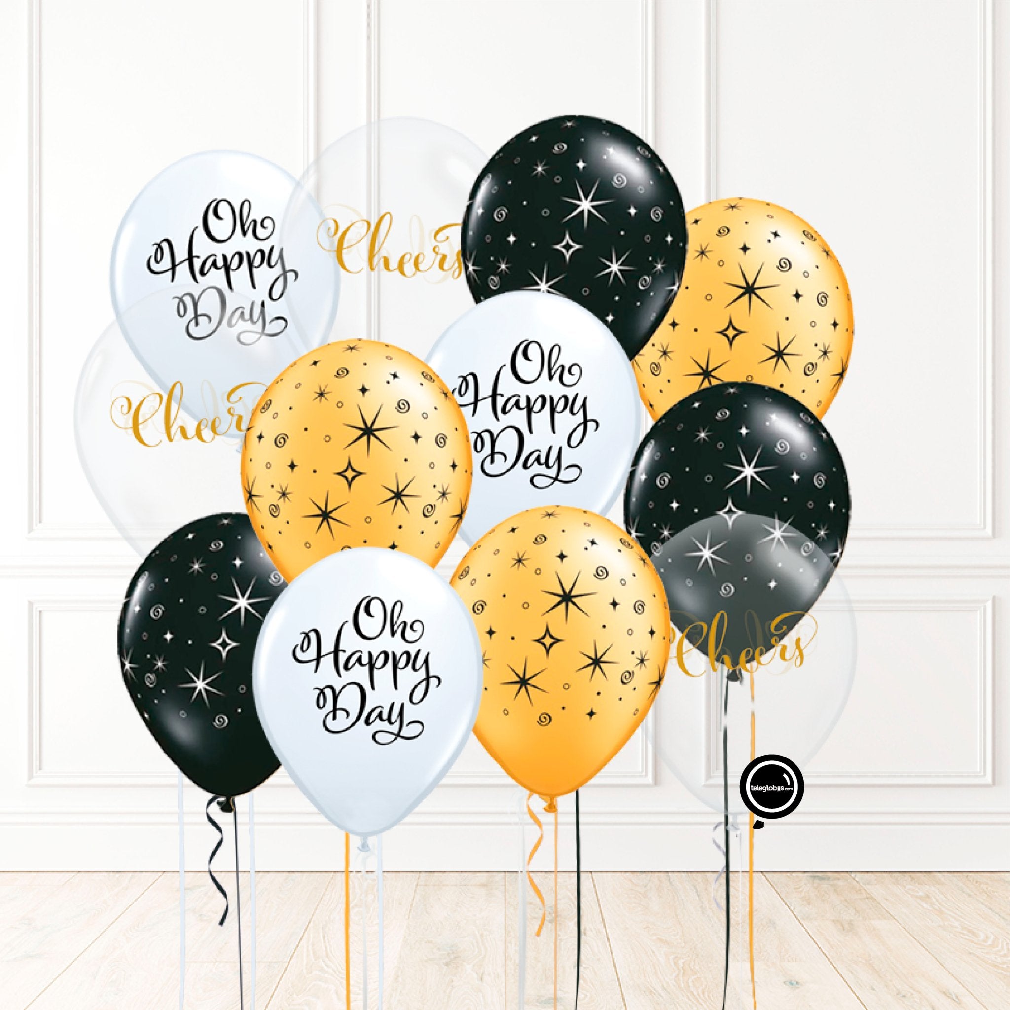 12 globos inflados con helio -Oh Happy Day/Cheers- Bio* -RAC014- | Globos y Regalos Teleglobos.com.mx.