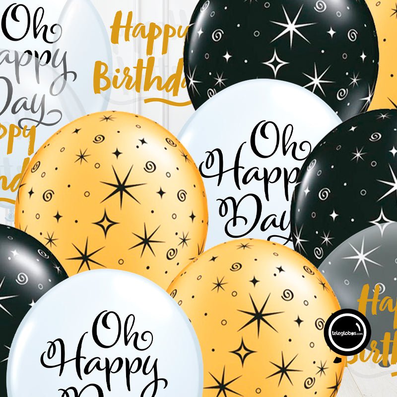 12 globos inflados con helio -Oh Happy Day/HBD- Bio* -RAC025- | Globos y Regalos Teleglobos.com.mx.