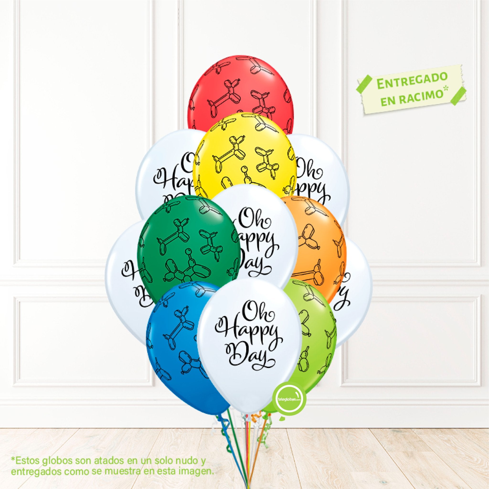 12 globos inflados con helio -Perritos de globo y Oh Happy Day- Bio* -RAC010- | Globos y Regalos Teleglobos.com.mx.