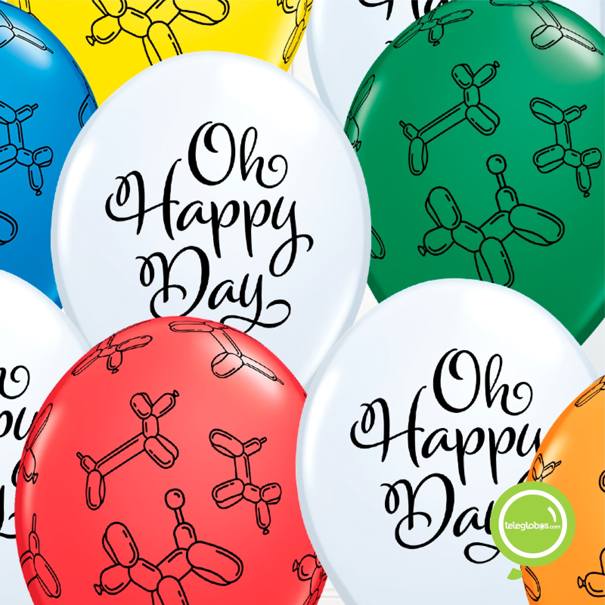 12 globos inflados con helio -Perritos de globo y Oh Happy Day- Bio* -RAC010- | Globos y Regalos Teleglobos.com.mx.
