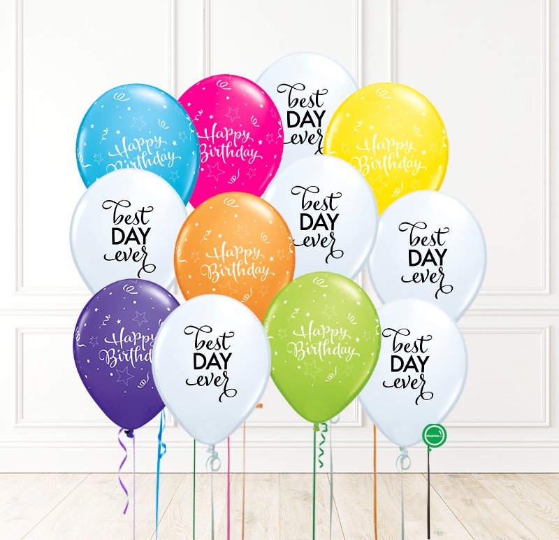 12 globos inflados con helio -Serpentinas Best Day Ever- Bio* -RAC006- | Globos y Regalos Teleglobos.com.mx.