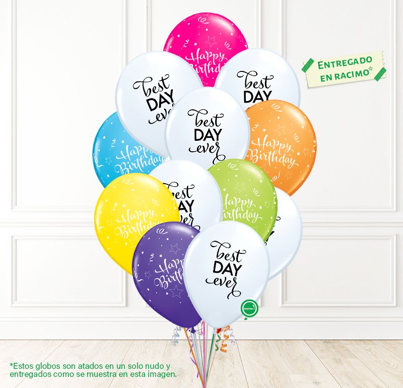 12 globos inflados con helio -Serpentinas Best Day Ever- Bio* -RAC006- | Globos y Regalos Teleglobos.com.mx.