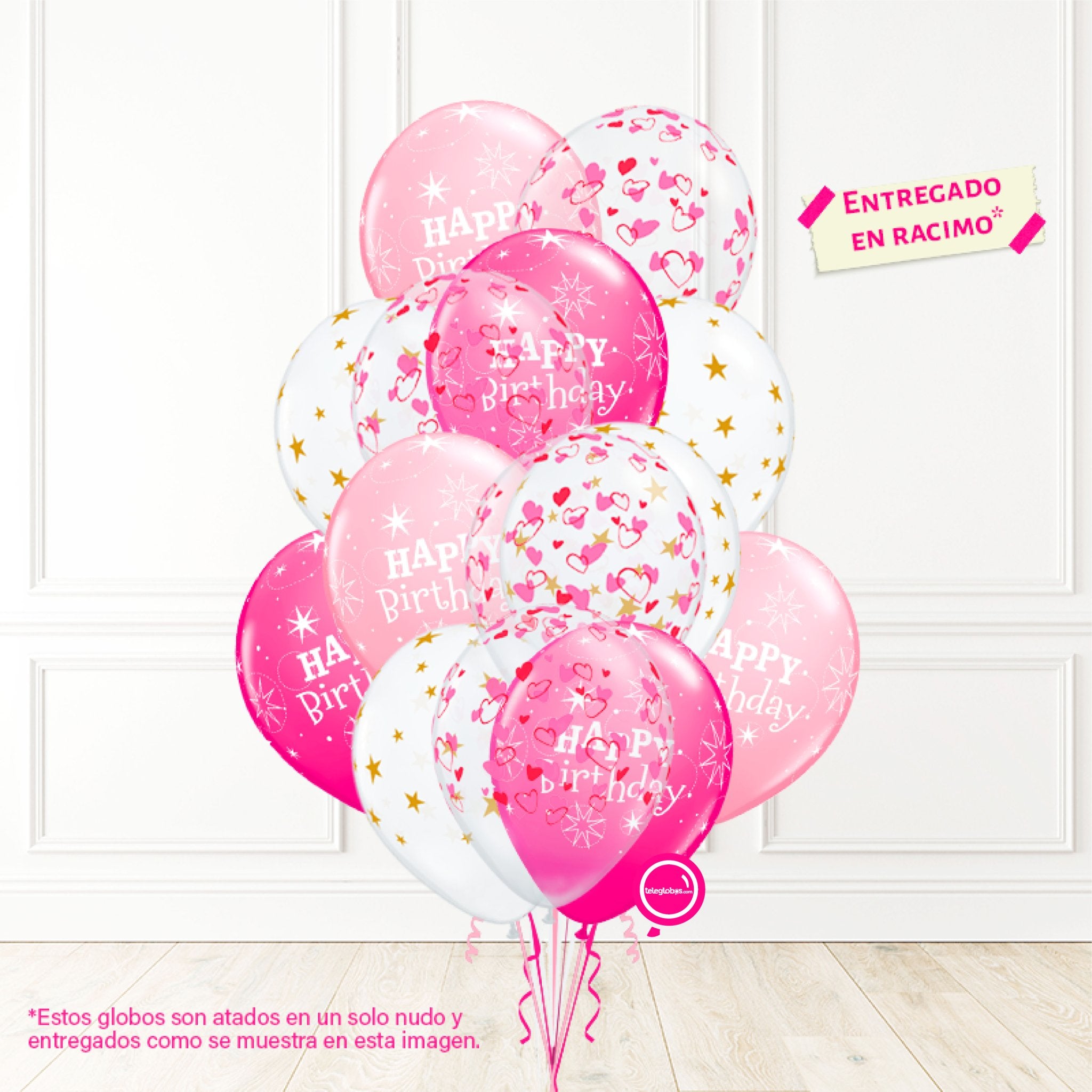 14 globos inflados con helio -Happy Birthday/Corazones/Estrellas- Bio* -RAC027- | Globos y Regalos Teleglobos.com.mx.