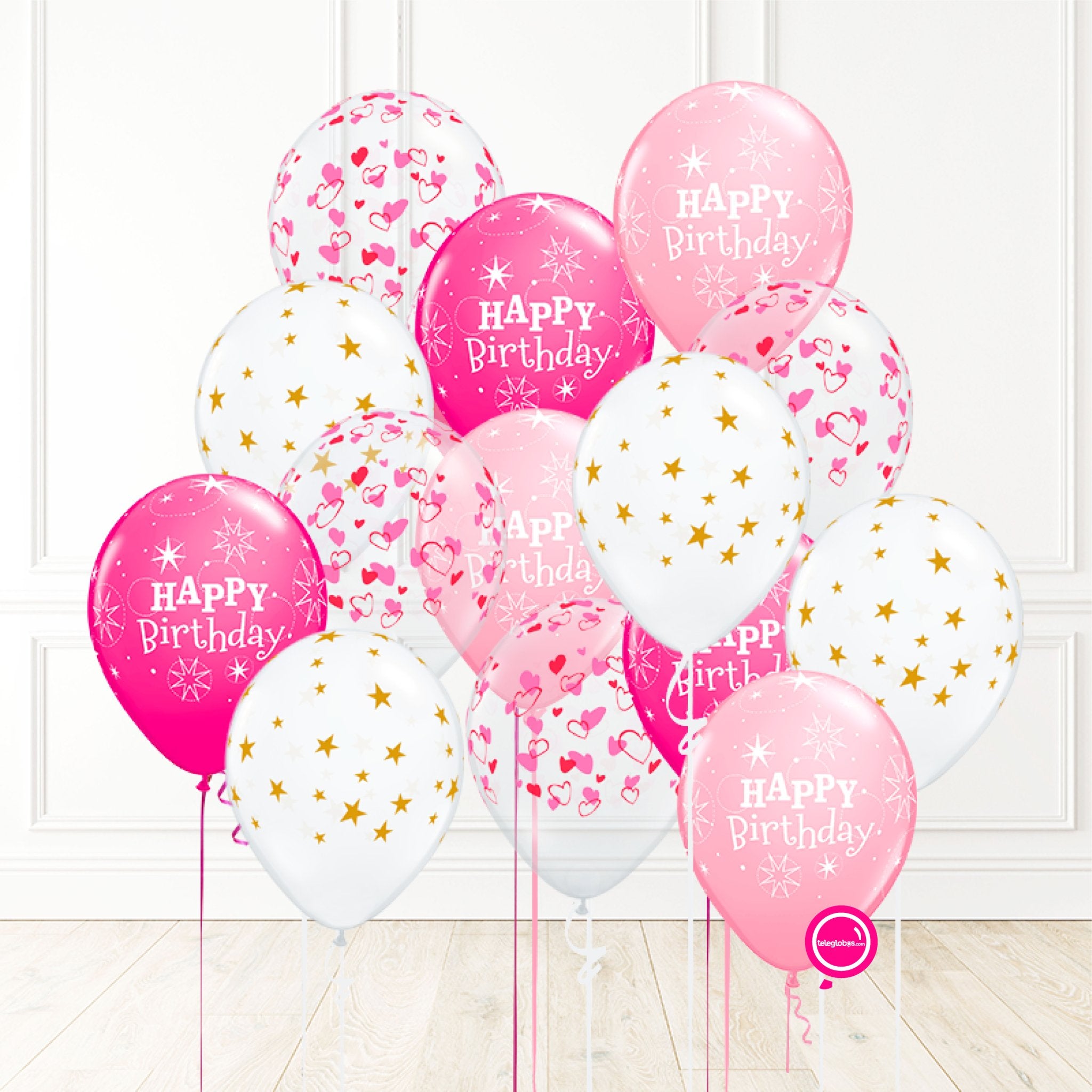 14 globos inflados con helio -Happy Birthday/Corazones/Estrellas- Bio* -RAC027- | Globos y Regalos Teleglobos.com.mx.