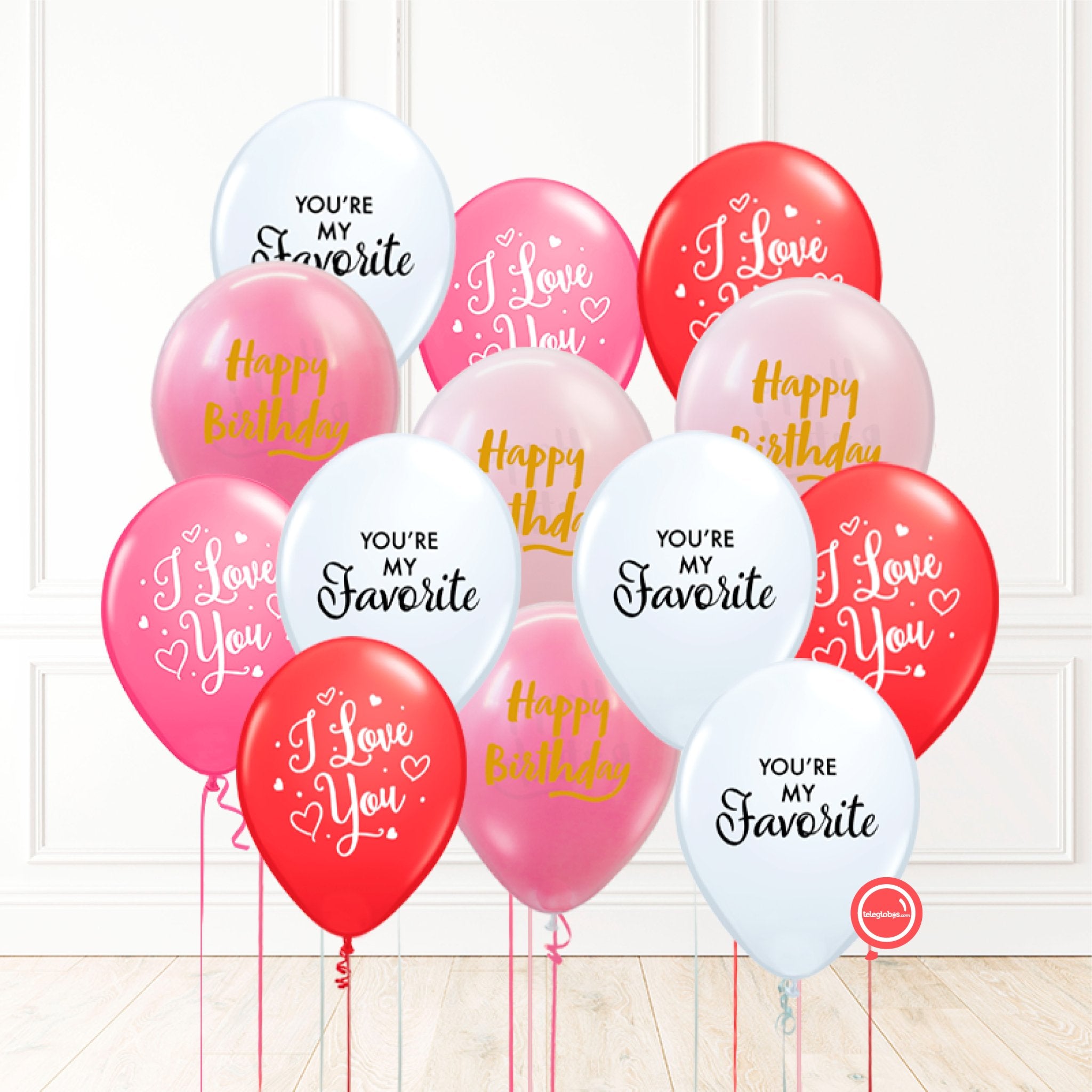 14 globos inflados con helio -I Love You/You're my Favorite/Happy Birthday- Bio* -RAC009- | Globos y Regalos Teleglobos.com.mx.