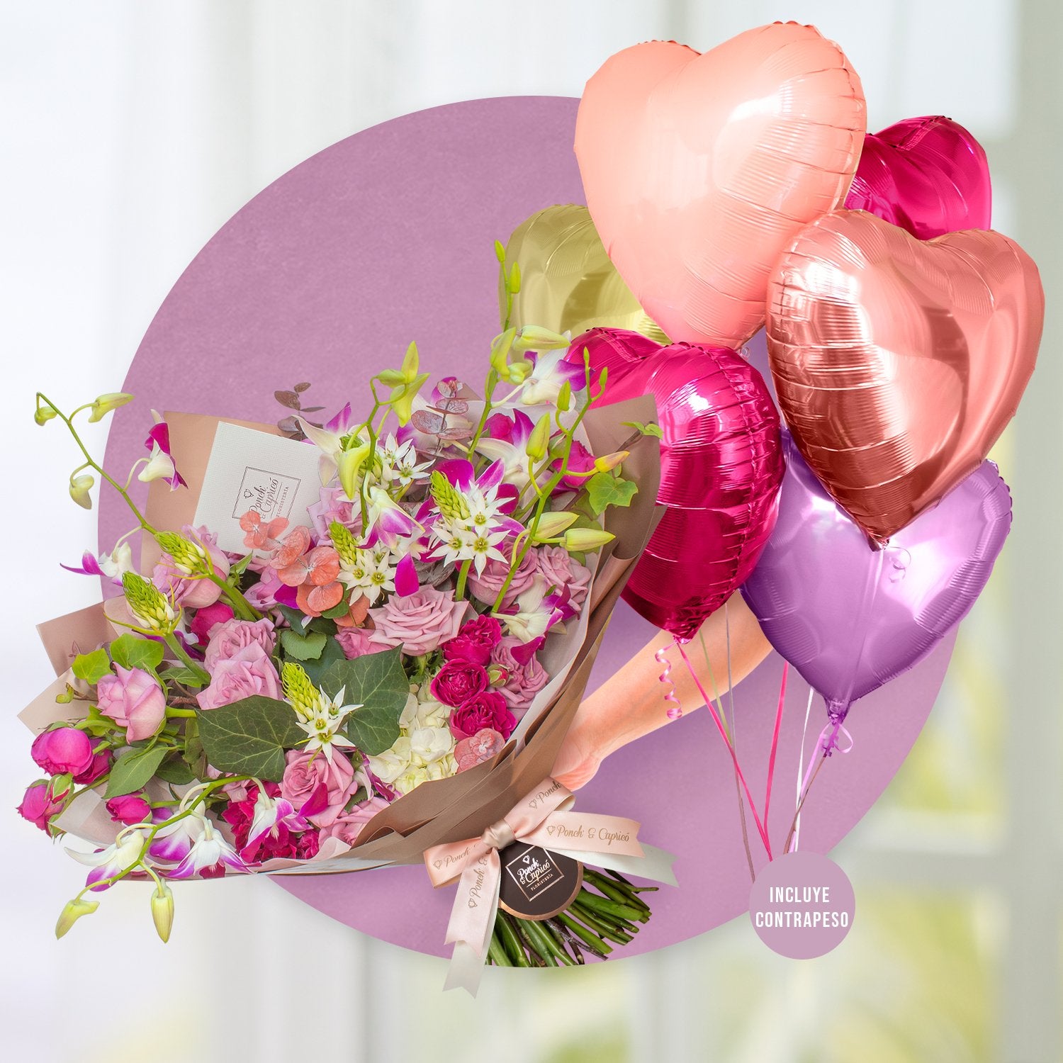 18 Rosas Lilas, Dendrobium Morada, Mini Rosas Fucsia, Eucalipto Rosa Gris Preservado y Estrellas de Belén -ALA023-