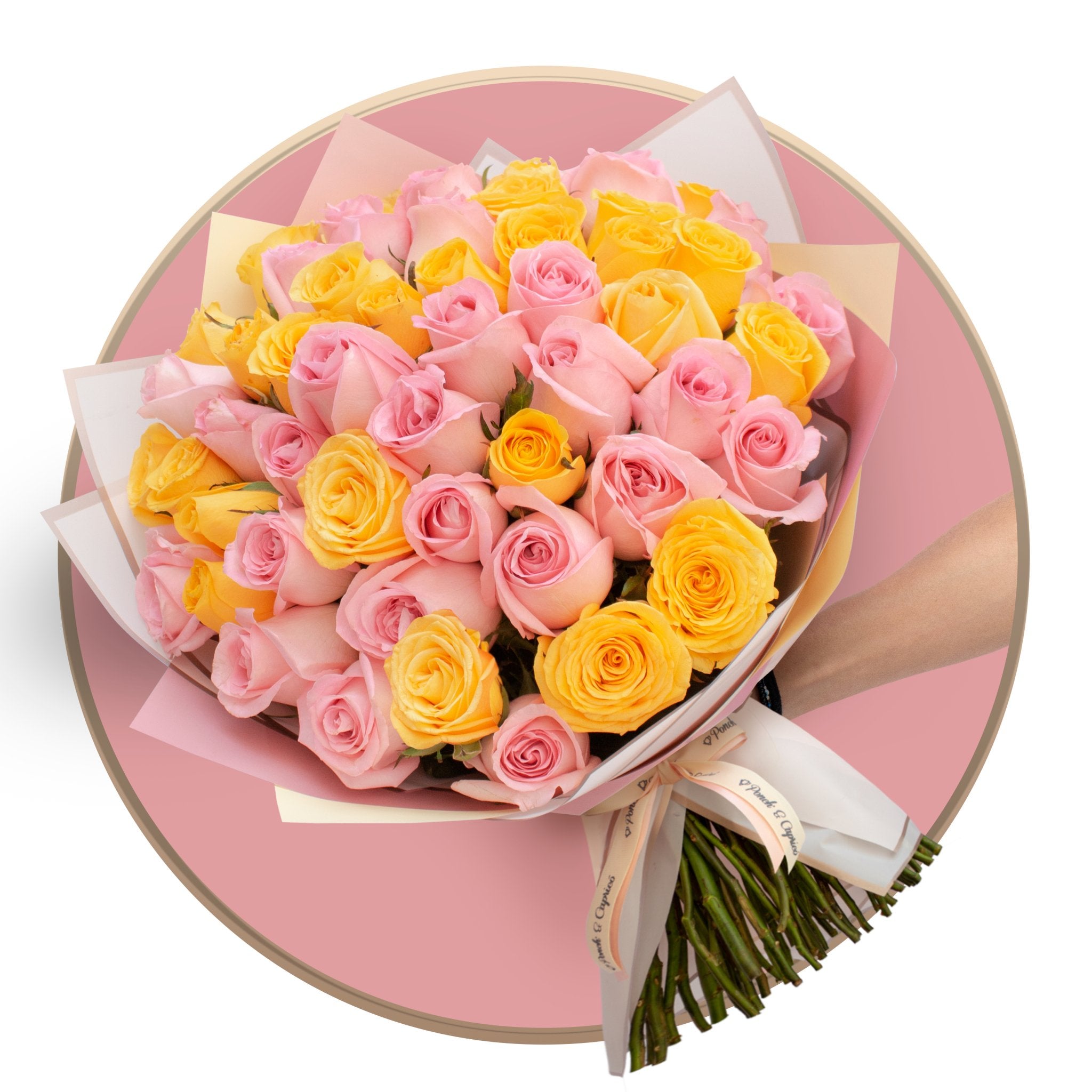 50, 100 or 150 yellow roses and caress in bouquet