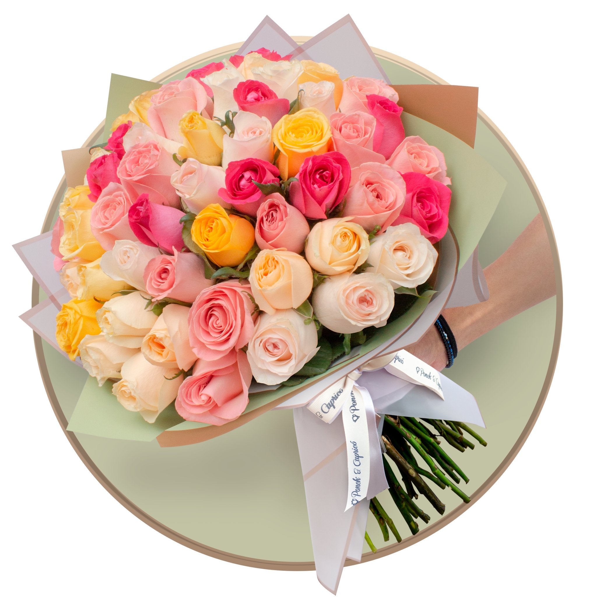 50, 100 o 150 Rosas Mix (Náutica, Fucsia Topaz, Amarilla, Peach Avalanche, Coral y Hermosa) en Ramillete