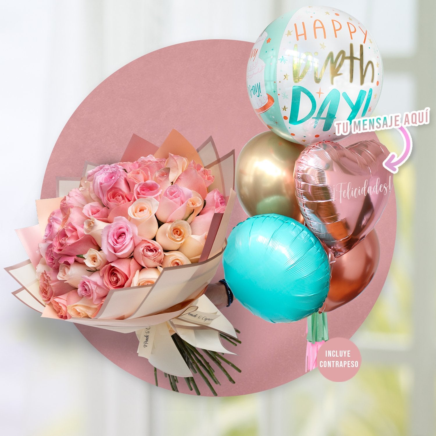 50 Rosas Hermosa, Caricia y Señorita en Ramillete + Bunch de Globos con Helio Personalizado -SET050-