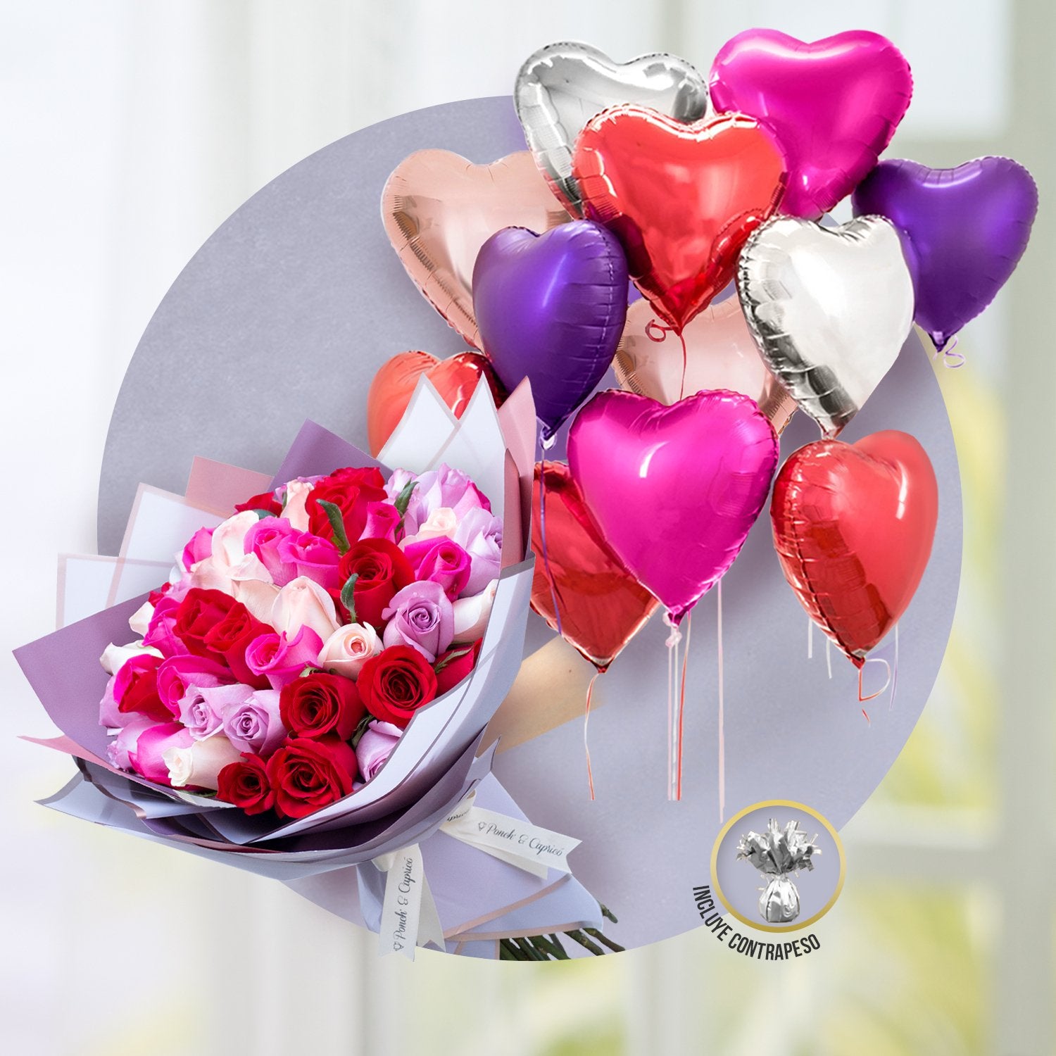 50 Rosas mixtas en ramillete + Docena de globos de corazón Mix -SET025-