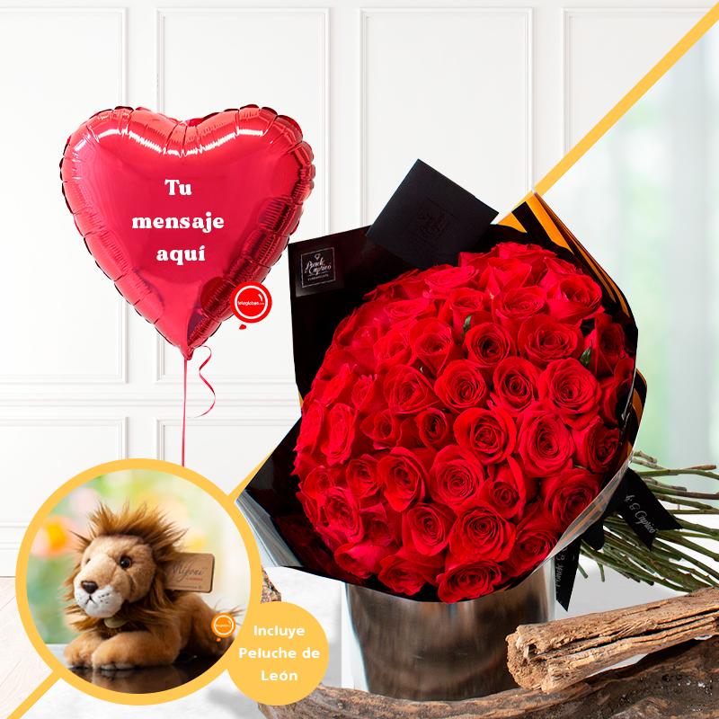 50 Rosas Rojas en ramillete + Globo Corazón Rojo + Peluche -SET014- | Globos y Regalos Teleglobos.com.mx.