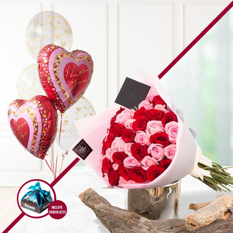 50 Rosas Rojas/Rosadas en ramillete + Bouquet de Globos I Love You -SET012- | Globos y Regalos Teleglobos.com.mx.