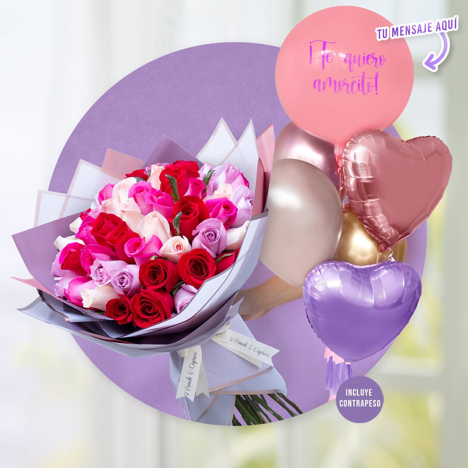 50 Rosas Rosa Pálido, Lilas, Magenta y Rojas en Ramillete + Bunch de Globos con Helio personalizado - Happy Birthday - -SET059-