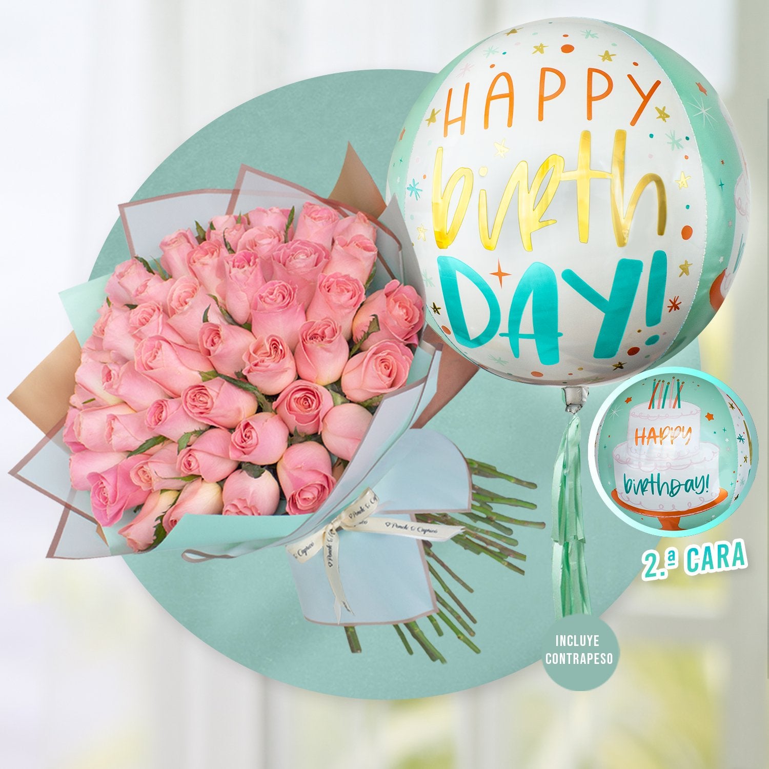 50 Rosas Rosadas en Ramillete + Orbz Happy Birthday -SET048-