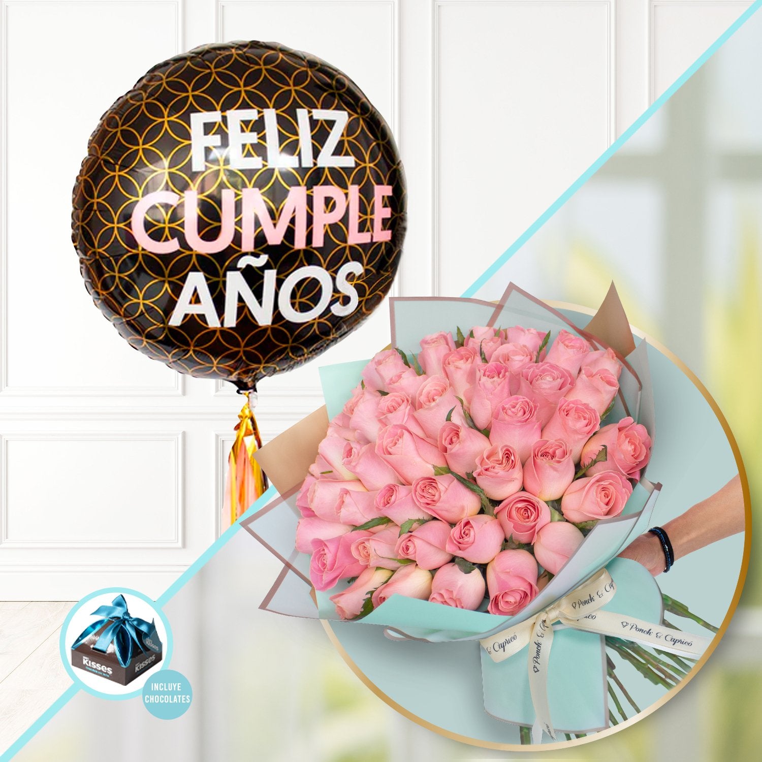 50 pink roses + balloon Great happy birthday -set030-