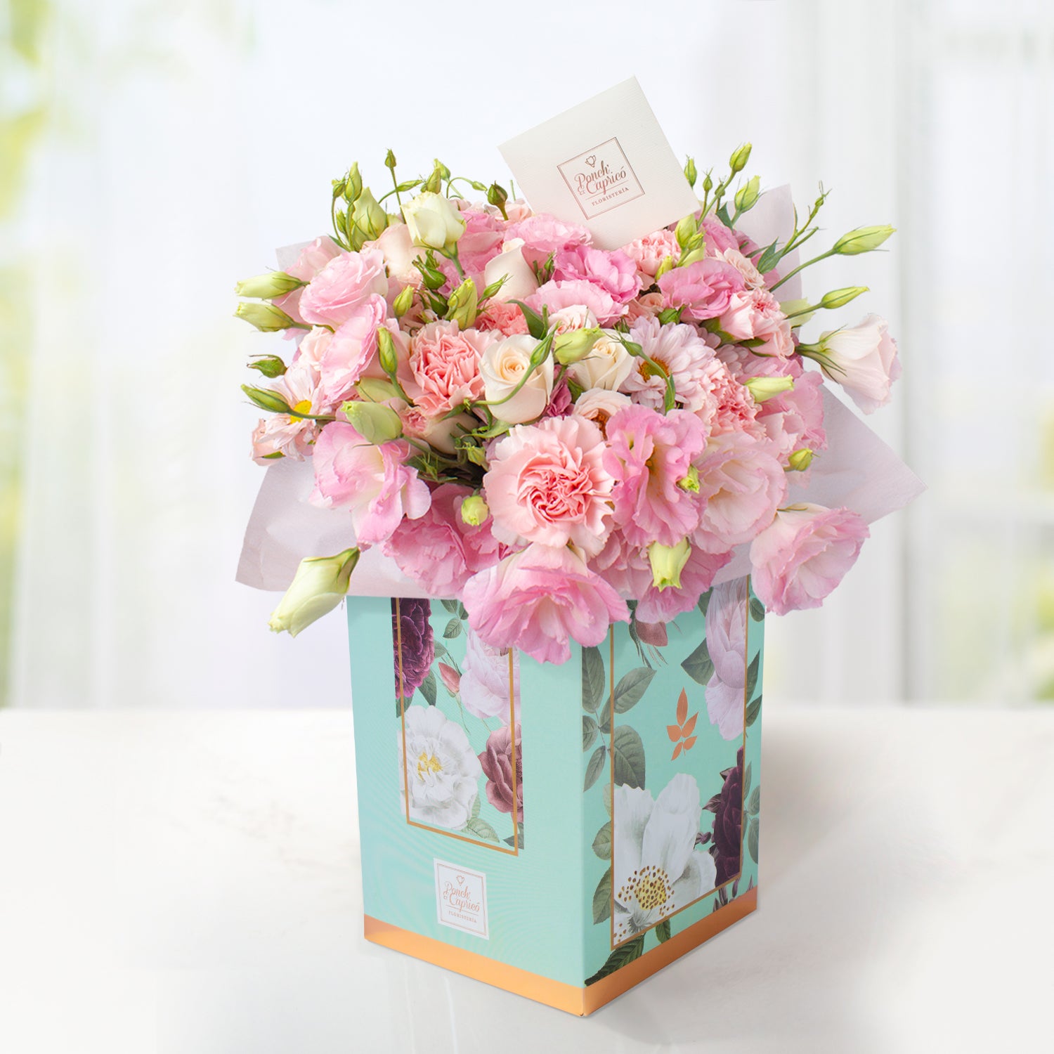 Arreglo Floral de Rosas, Clavel Rosado, Mini Rosas y Lisianthus Místico -GI030-