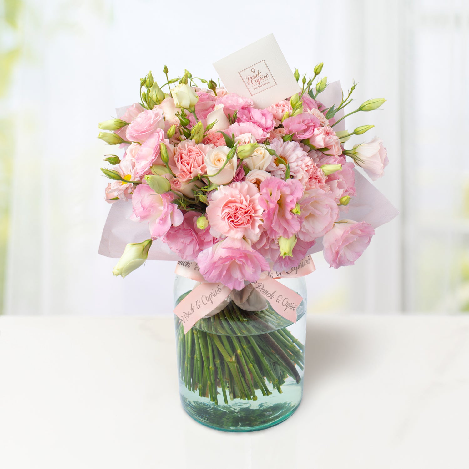 Arreglo Floral de Rosas, Clavel Rosado, Mini Rosas y Lisianthus Místico -GI030-