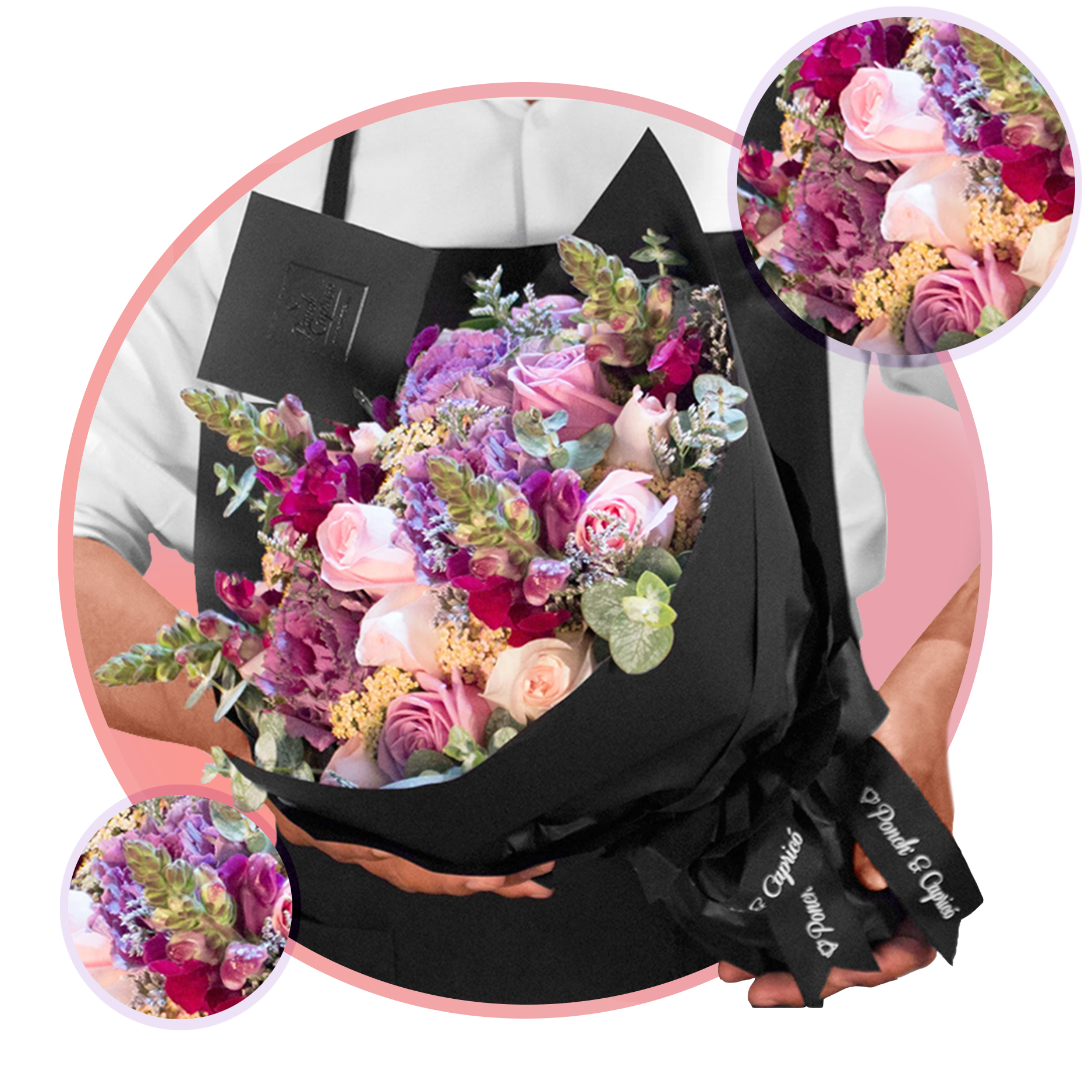 Bouquet Rosas lilas y rosadas con Eucalipto, Limonio, Aquilea y Lechuga con follajes de flores varias, atado a mano y envuelto en delicados y elegantes capas de papel. El arreglo incluye tarjeta personalizada, moño de tela y alimento para flores.