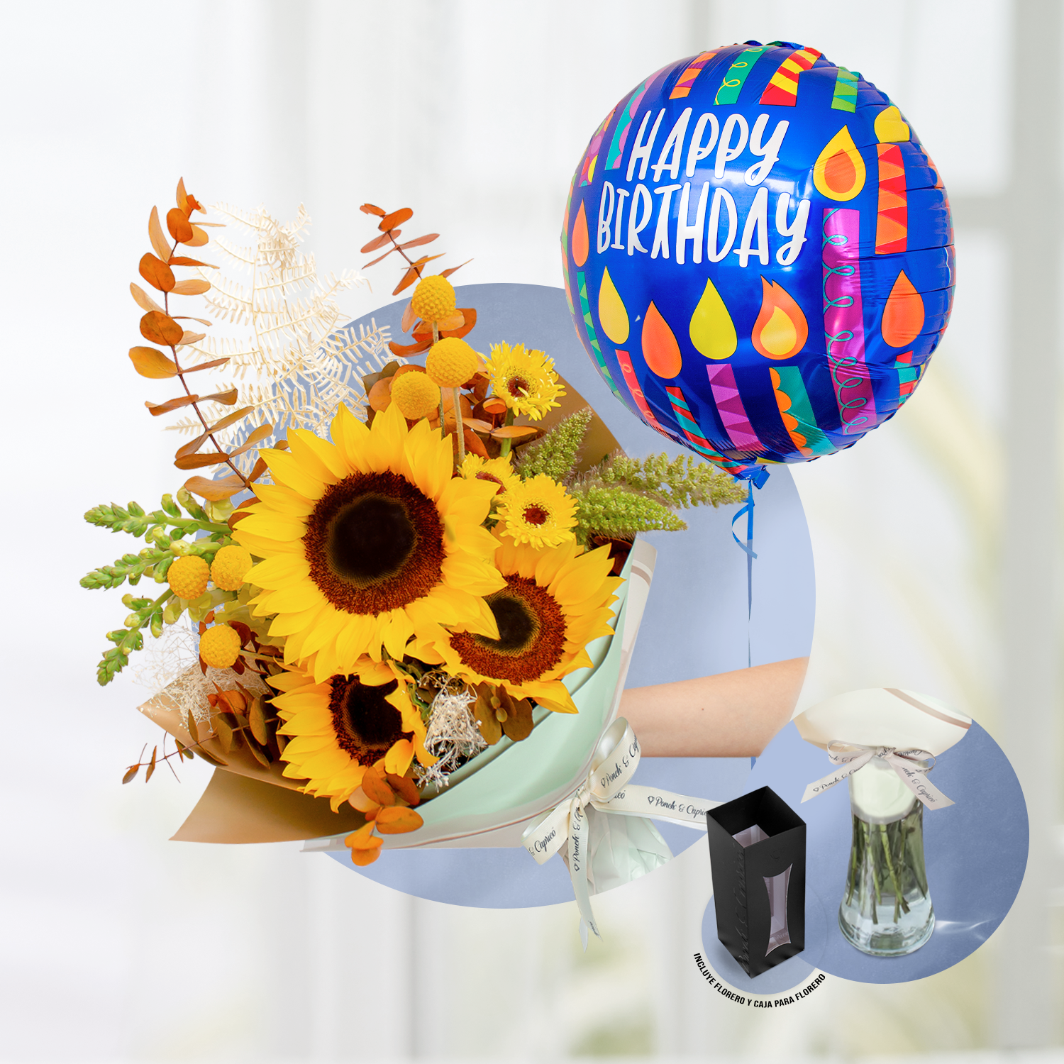 Sunflower bouquet, preserved brown eucalyptus, gerberas and leather preserved + balloon Birthday -Set080-