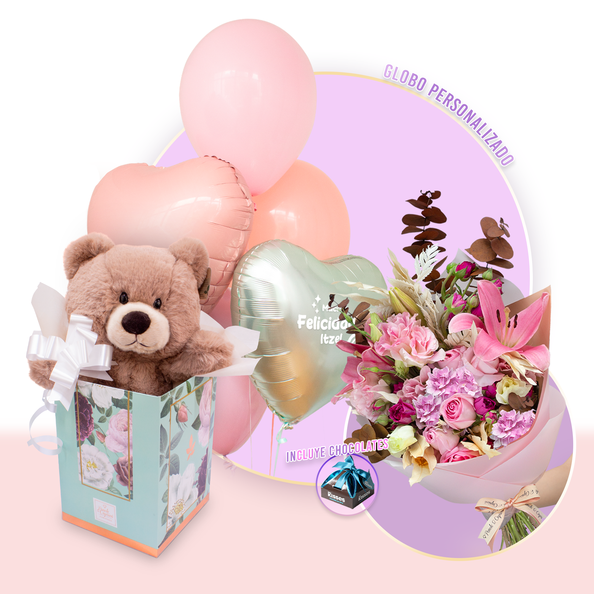Ramillete de Rosas, Lisianthus, Lillies, Eucalipto Marrón y Leather Preservado + Bouquet de Globos Personalizado + Oso de Peluche -SET081-