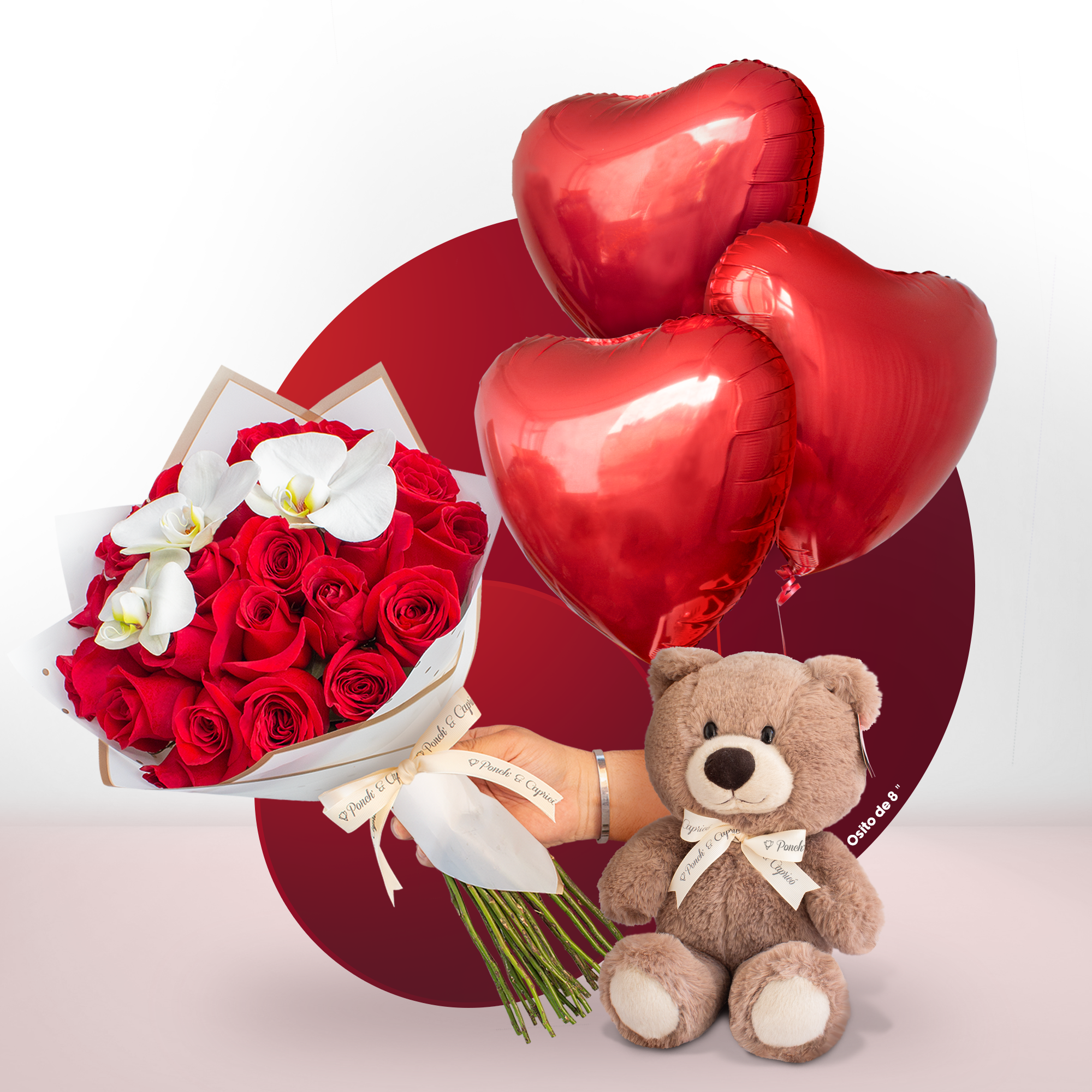 Ramo de 24 Rosas Rosas y flores de Orquídea + Bouquet de Globos de Amor + Peluche - SET090 -