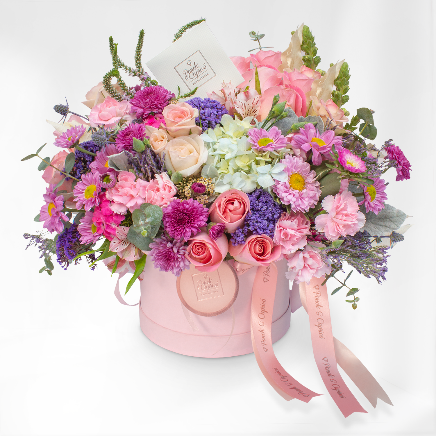 Rosas Hermosas, Clavellina Rosada, Hortensia y Mini Rosas en Caja -Domo Rosado-