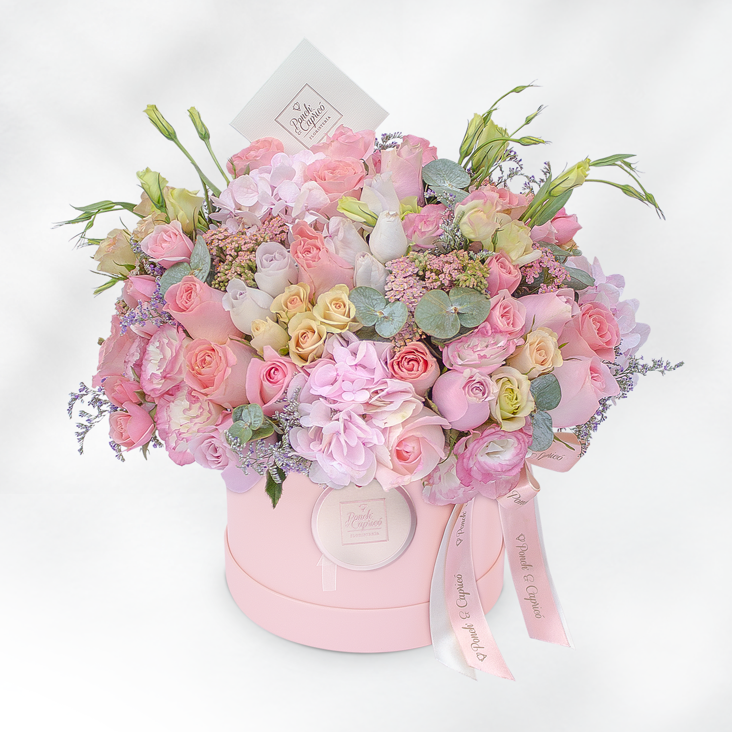 Rosas Mix, Lisianthus Pecoté y Mini Rosas en Caja -Domo Rosado-
