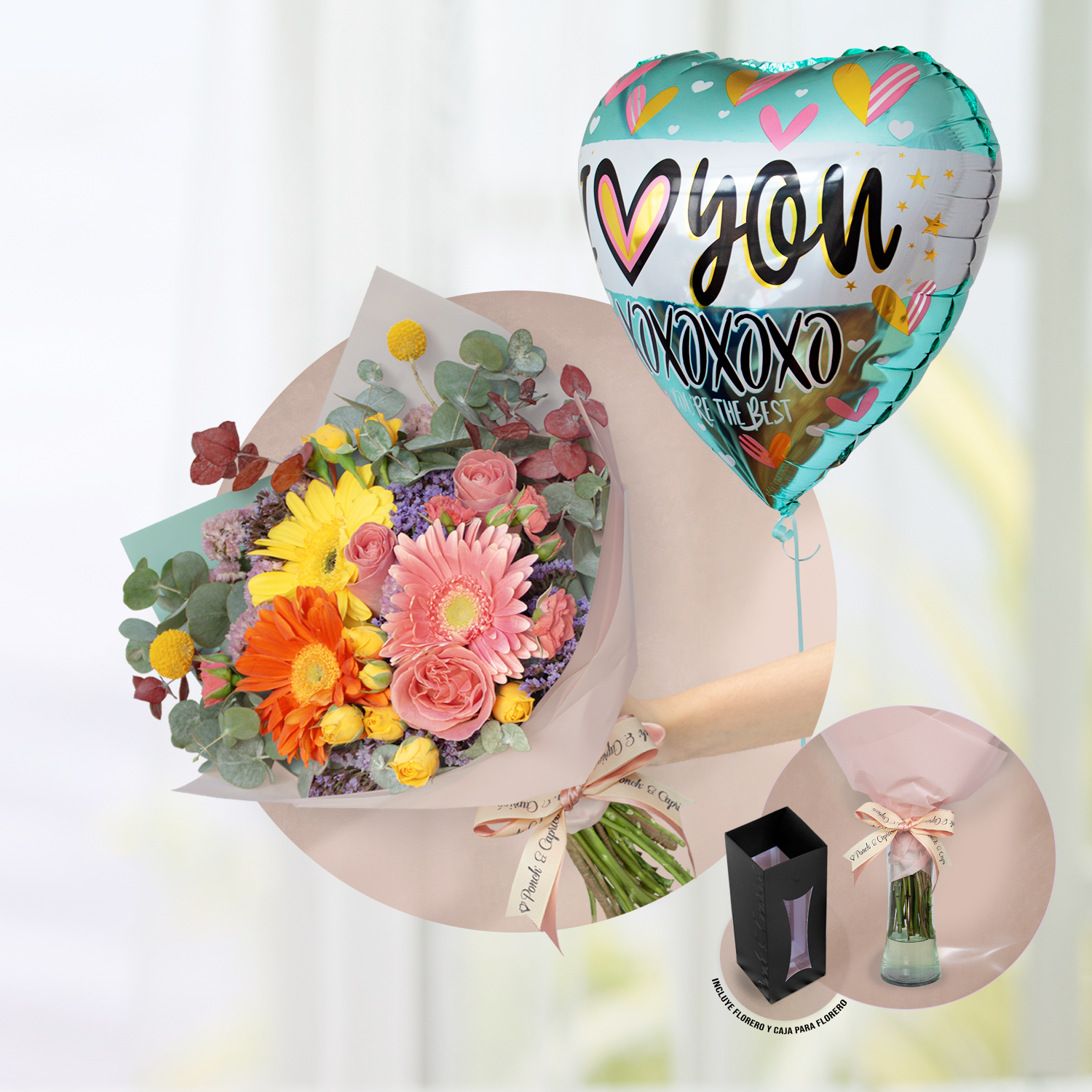 Ramillete de Gerberas Mix, Rosas Hermosas, Eucalipto Rosado y Mini Rosas + Globo I Love You de 18" Inflado con Helio -SET076-