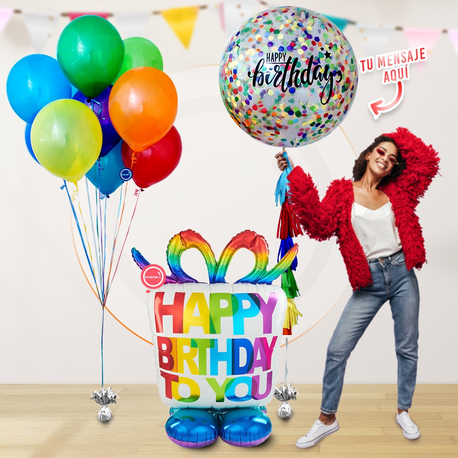 AirLoonz Regalo Happy Birthday, Globo de 36 Personalizado con Confetti y 10 globos de 12